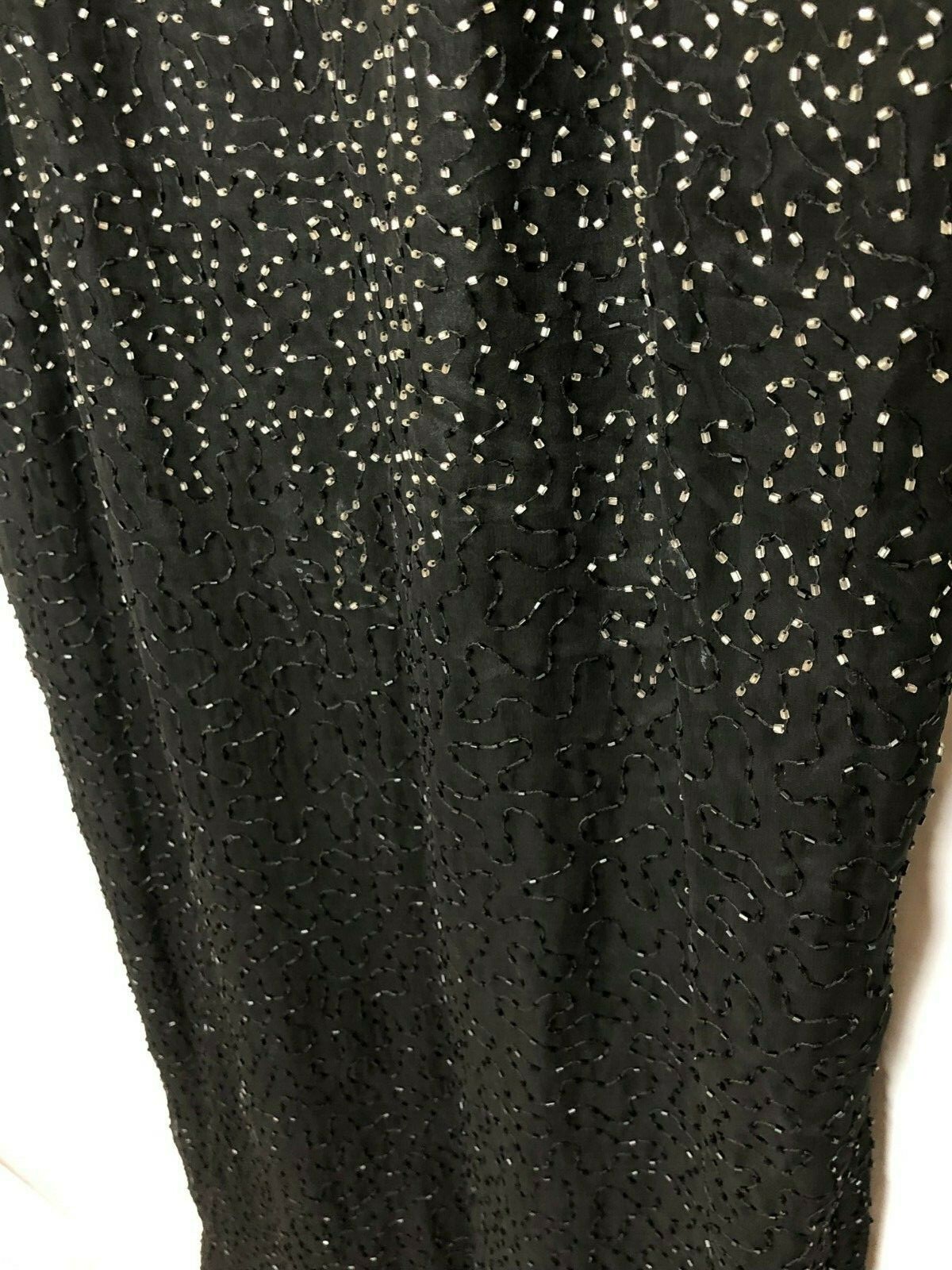 Vtg 80s Beaded Maxi Dress Evening Gown Black Silk M Glam Sparkle Romantic Goth