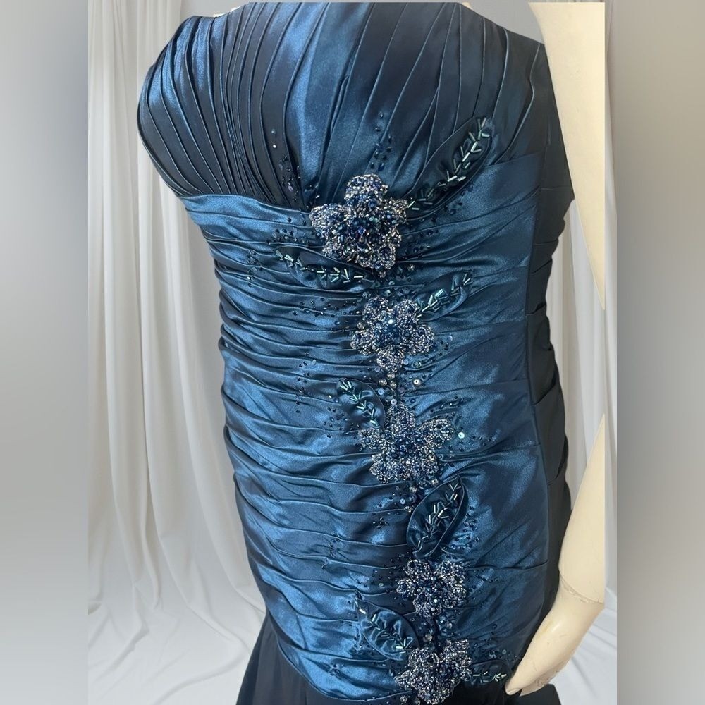 Rina di Montella Teal Strapless Beaded Mermaid Gown