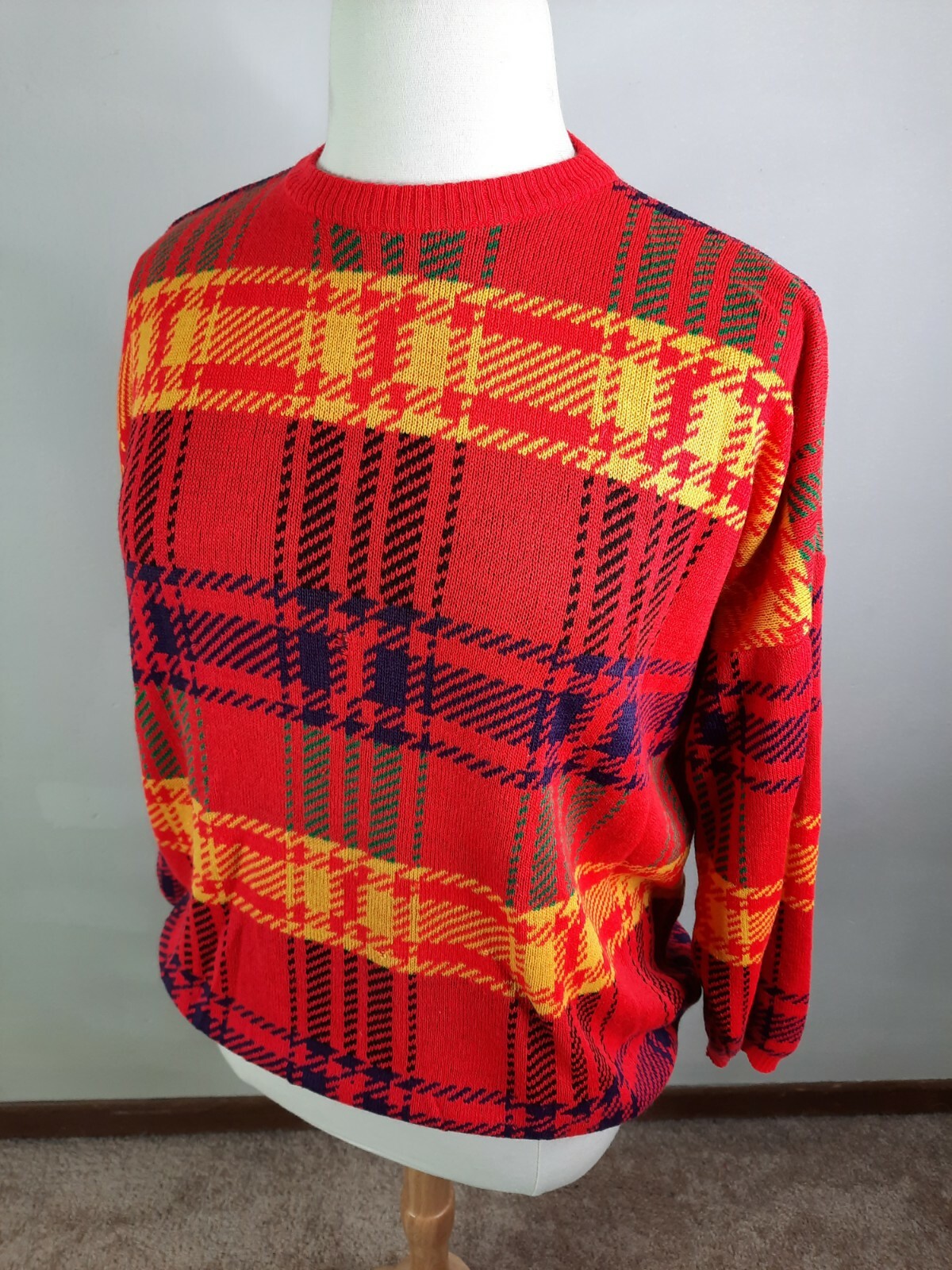 Vintage Vtg 80’s Boxy Bright Red Women’s Crewneck Sweater Plaid S6C Large
