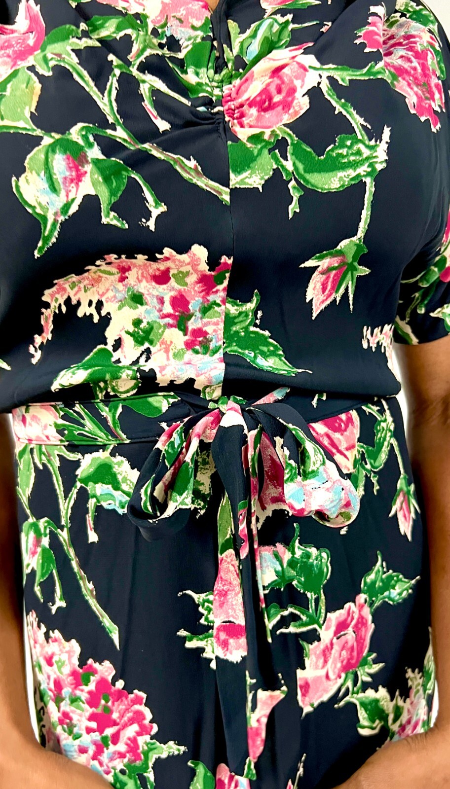 Famous Frocks VTG 1940s WW2 Black Rayon Floral Dress Pink Green Print Swing M