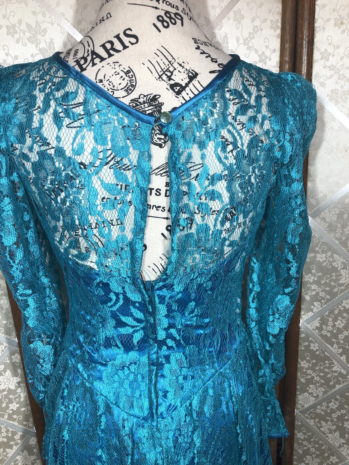 Vintage 80’s Lace Over Satin Teal Tea/Party Prom Dress Satin Bow Bling Sz 6 XS