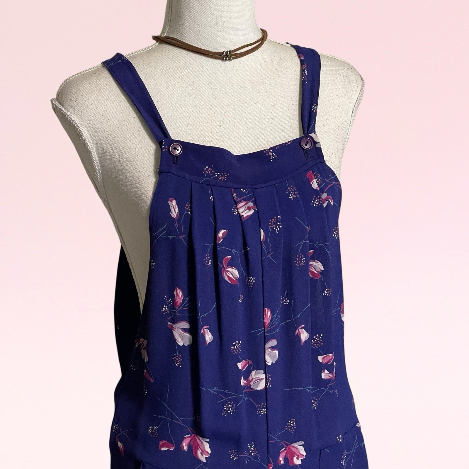 vintage 70s purple floral rayon pleated wide-leg hippie boho overall jumpsuit S
