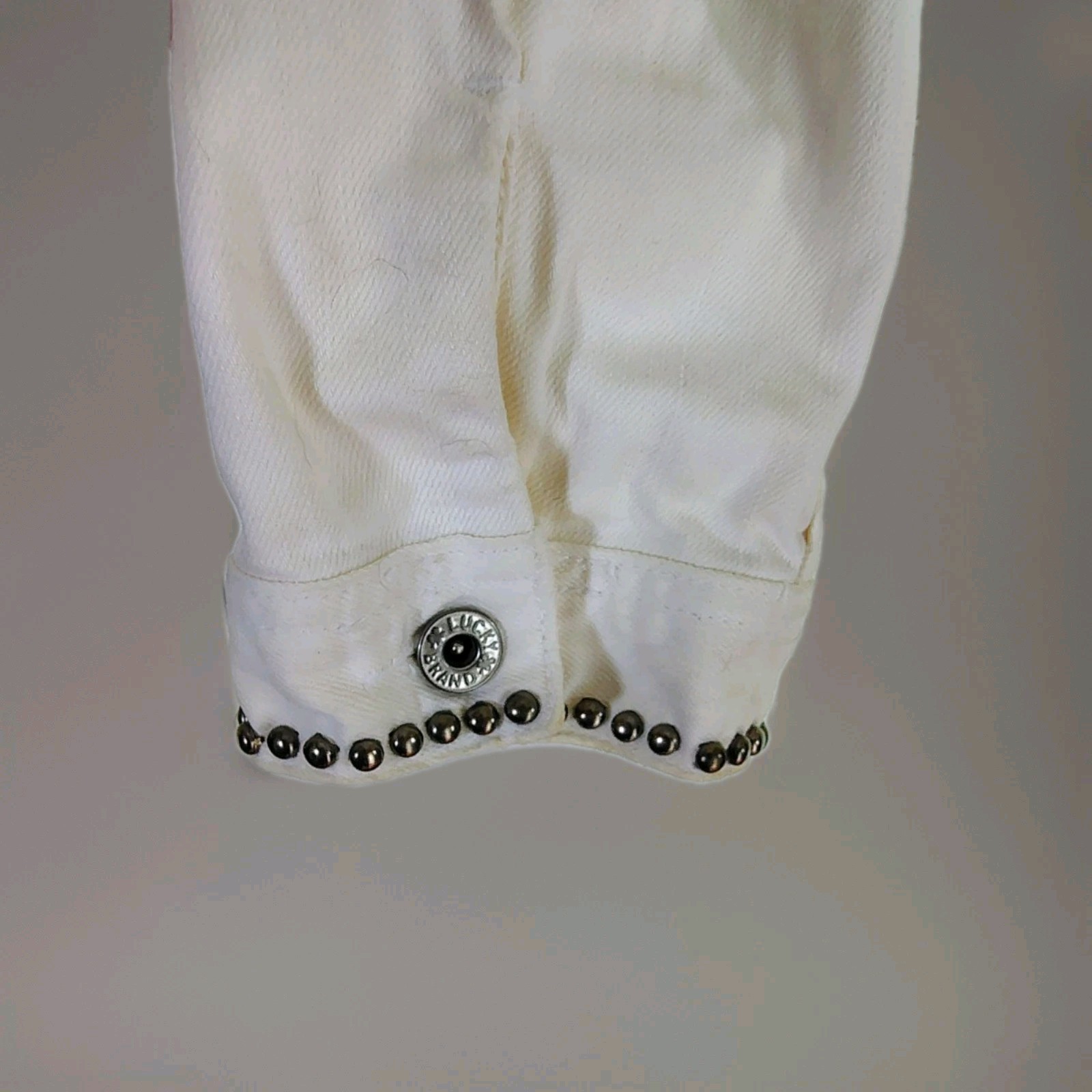 Lucky Brand Studded Denim Jacket XL White Cream Heavy Metal Studs Boho Medallion