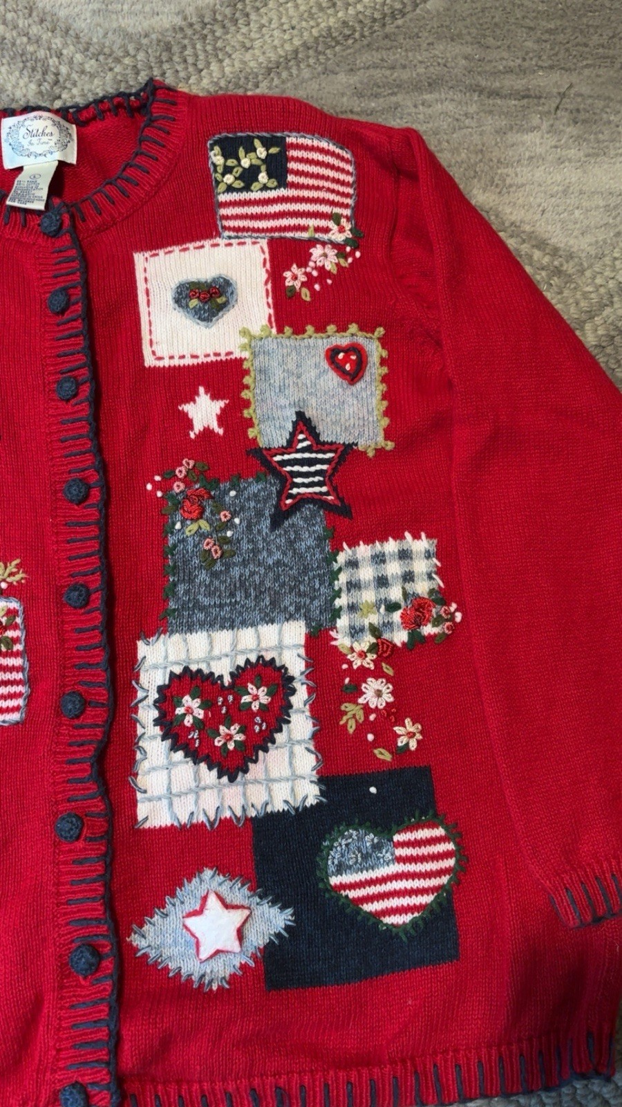 Vintage Americana Grannycore Heart and Star Cardigan size Large Patriotic