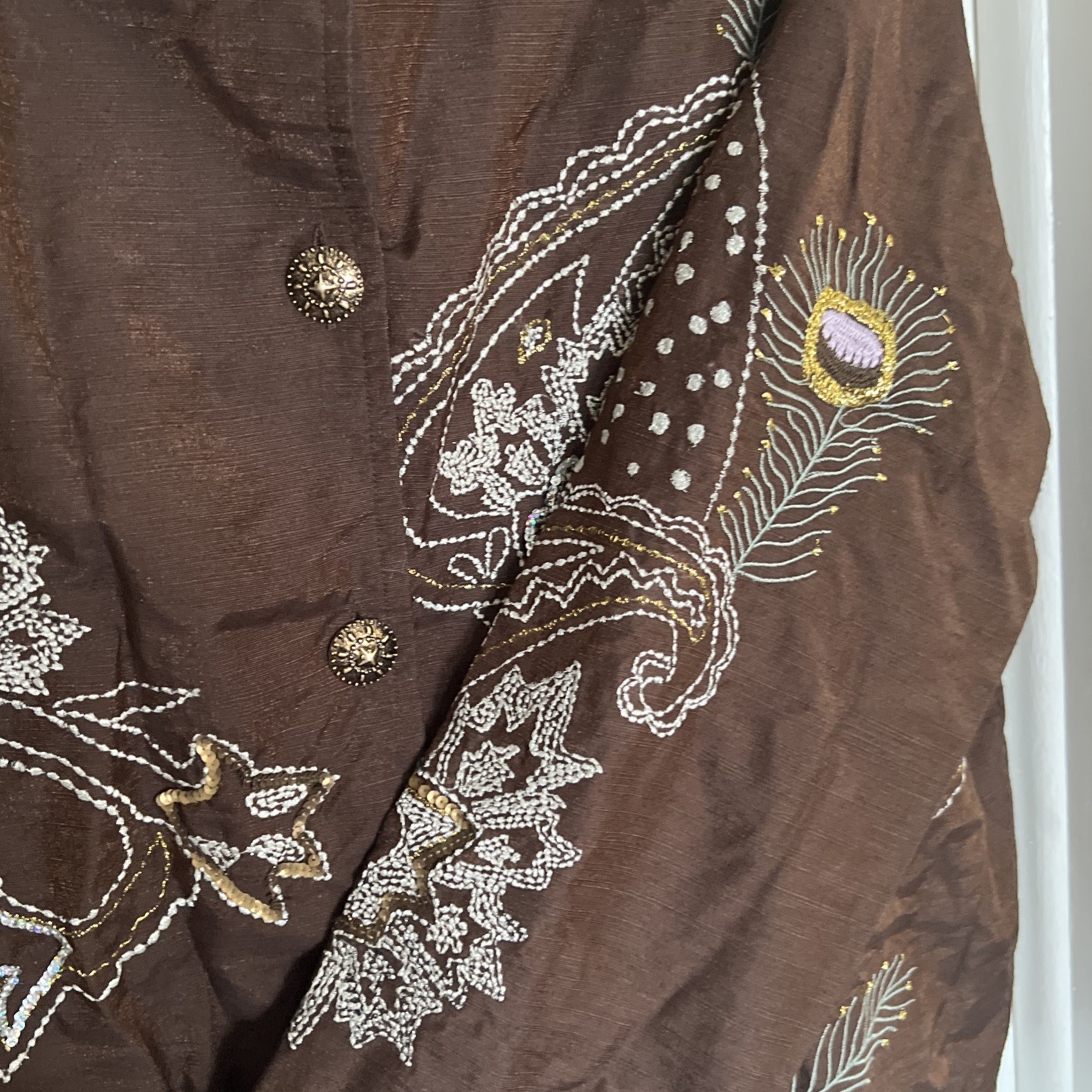 Indigo Moon Womens Blazer Size 1X Brown Button Front Beaded Embroidery Vintage