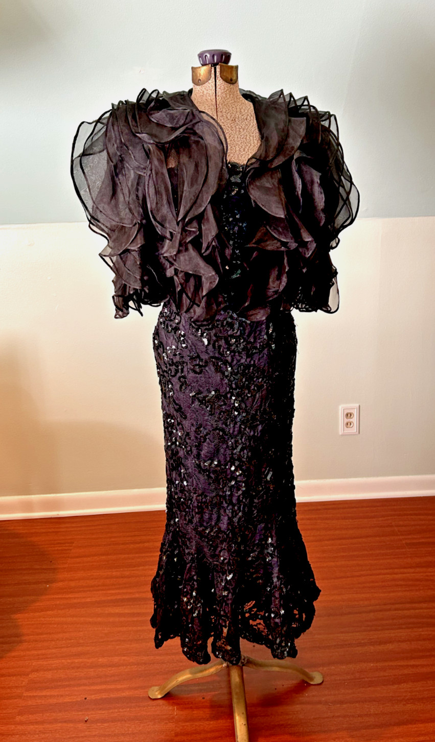 1960s 1970s Incredible Black Sequin Mermaid Gown With Statement Ruffle Bolero
