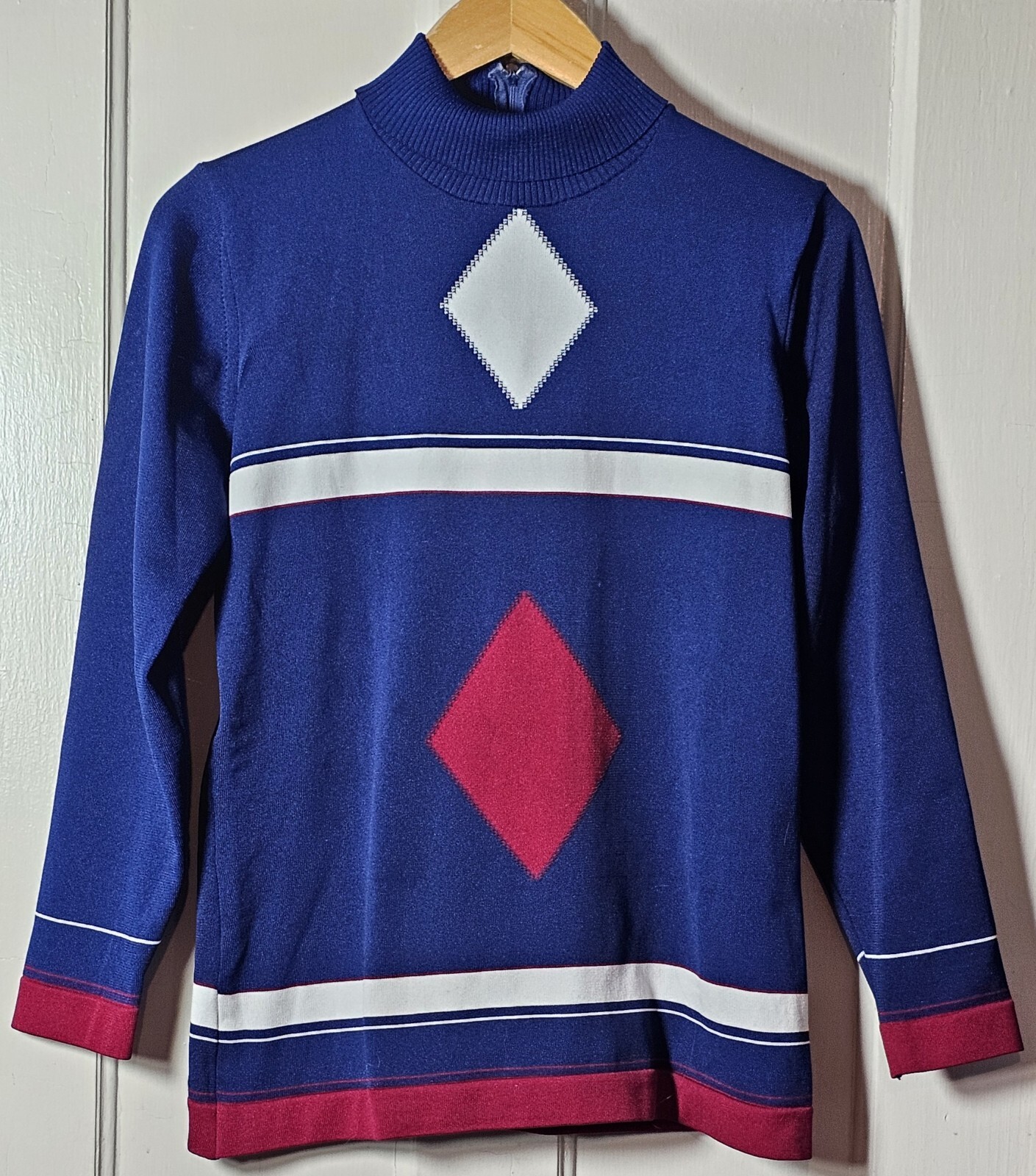 VTG 70’s Polyester Top Women’s Size M Blue Burgundy L/S Mod Turtleneck Retro