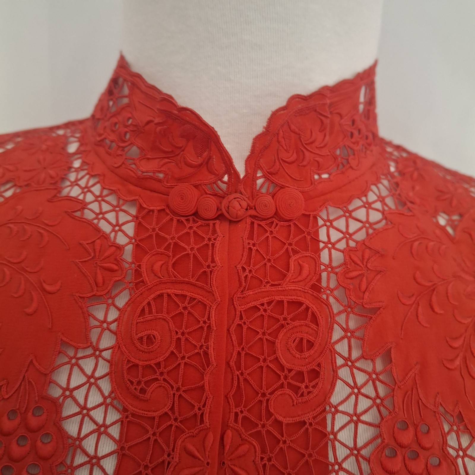Vtg 60s Da Fu Gui Chinese 100% Silk Blouse Hand Embroidered Cut Work Red Sz 36