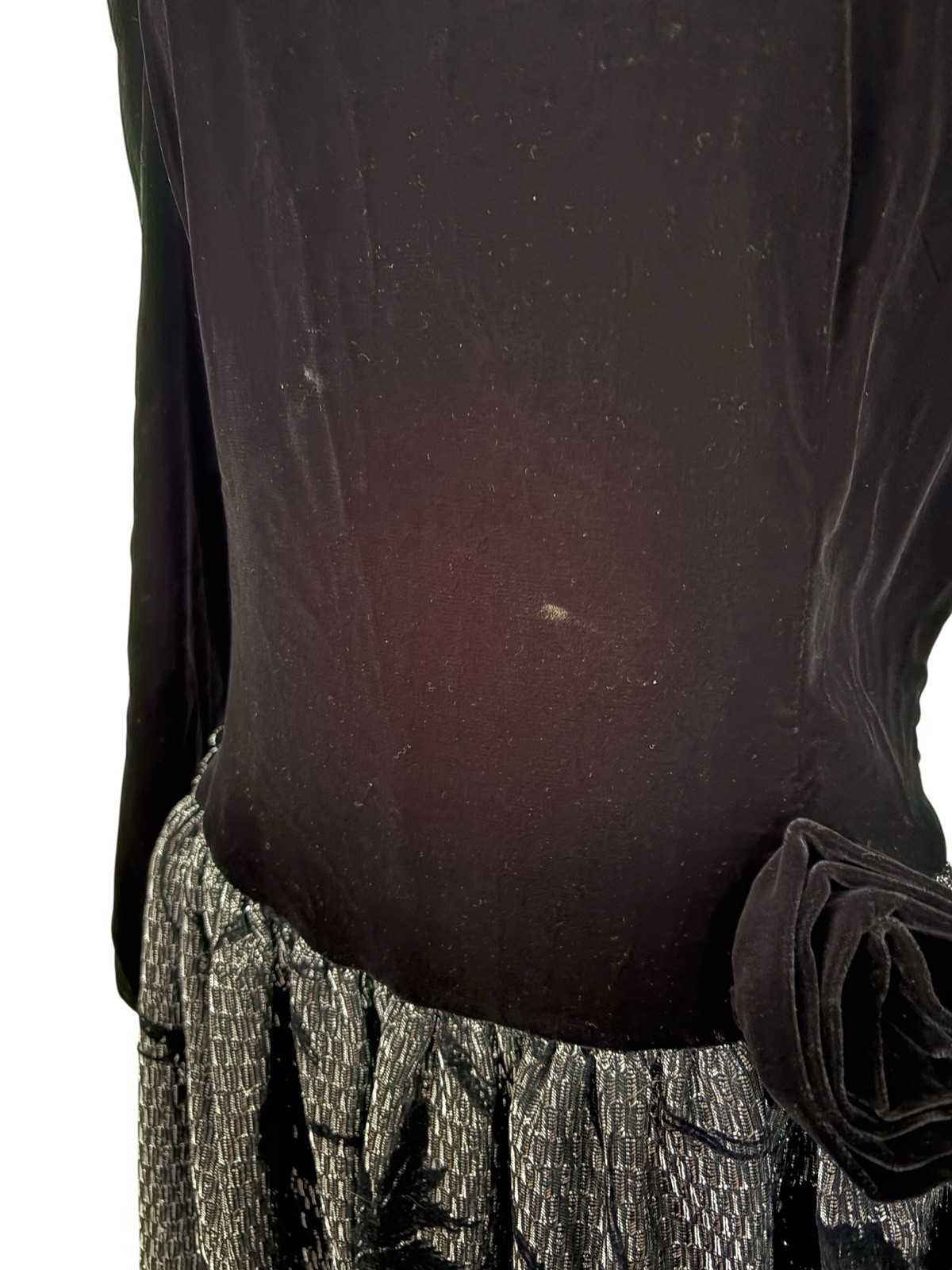 Vtg Cachet By Bari Protas Black Velvet & Metallic Silver Floral Skirt Dress Sz M