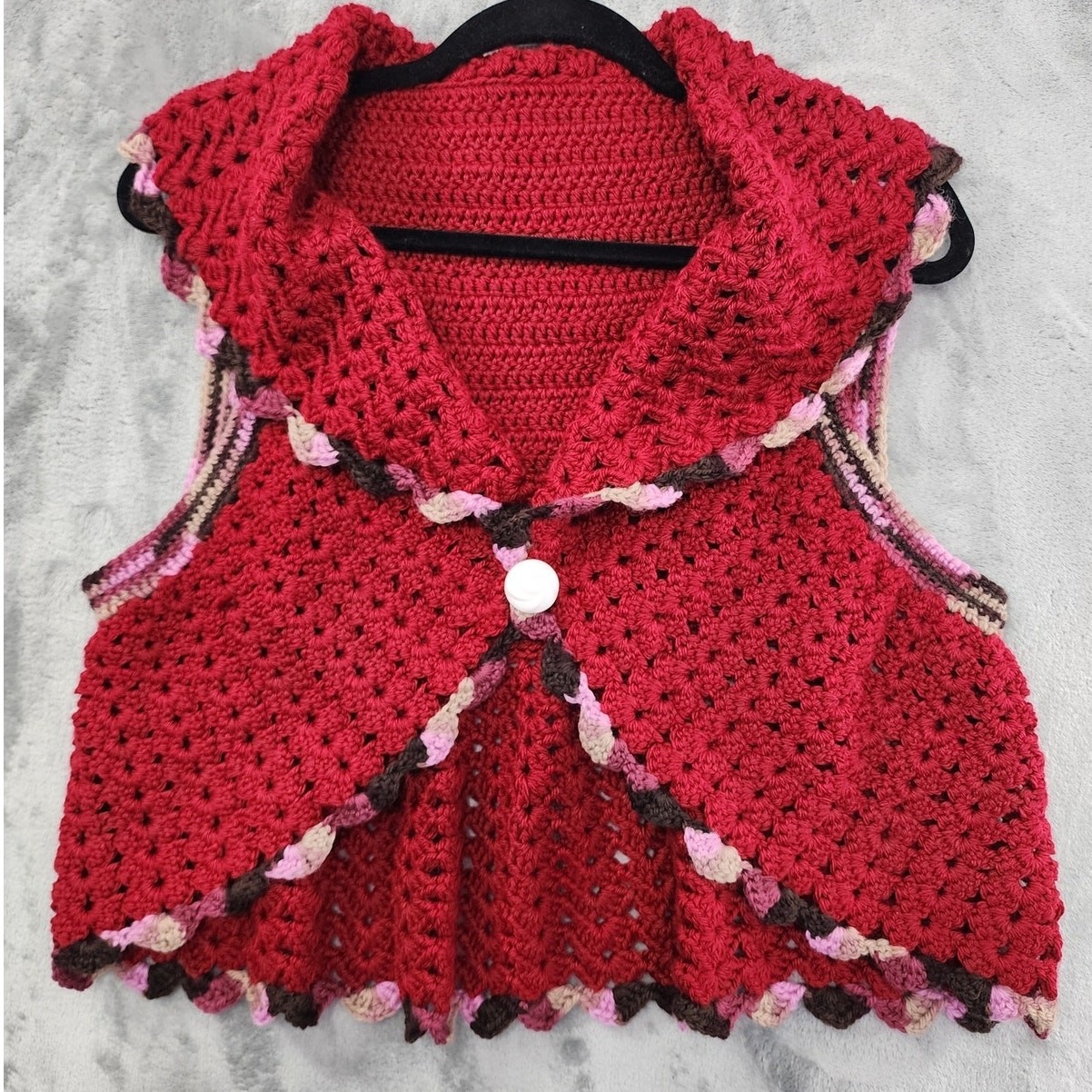 Vintage Vest Womens S Red Pink Brown Tan Crochet Knit Crop Circle Single Button