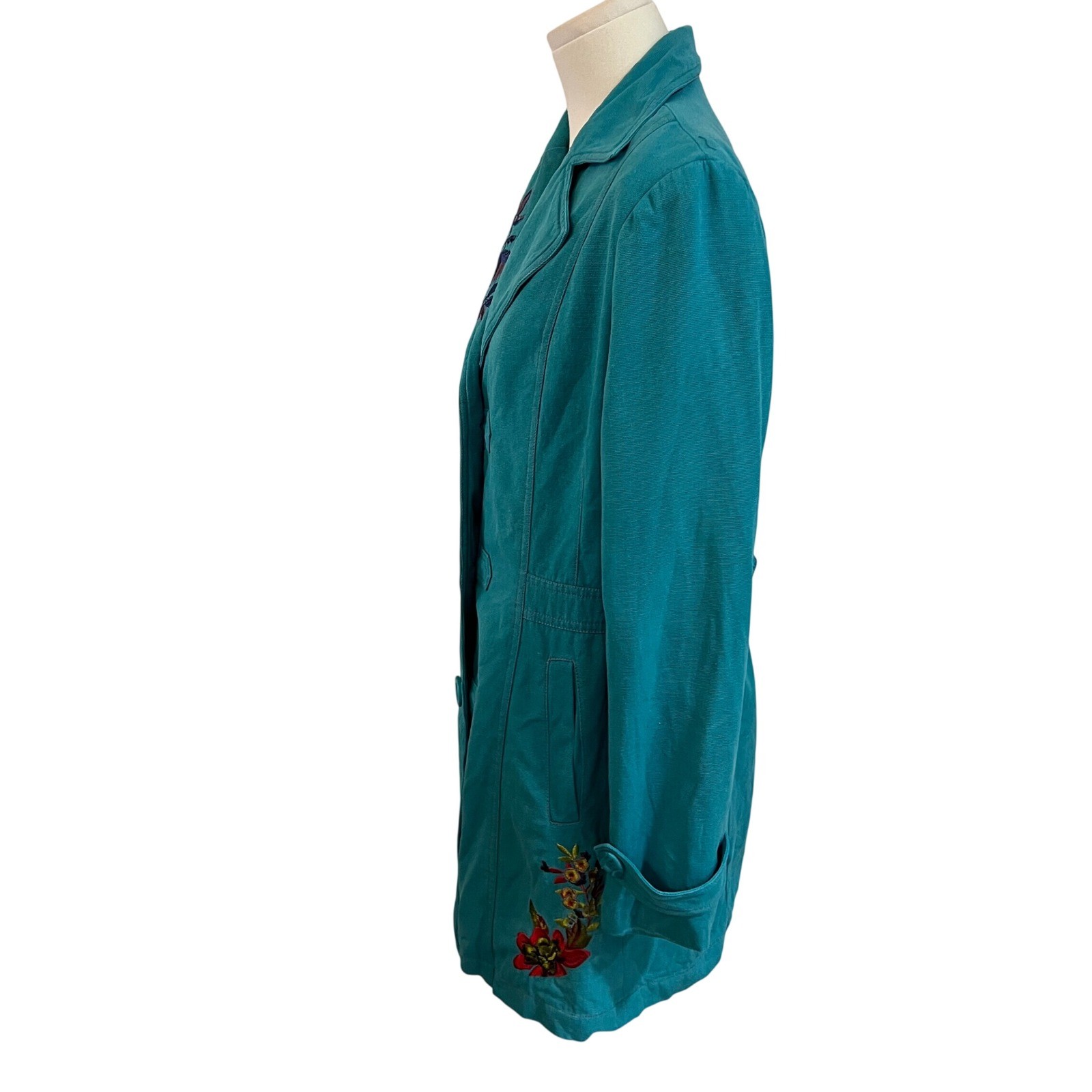 Vintage Tracy Porter Teal Cotton Canvas Floral Embroidered Boho Trench Coat L