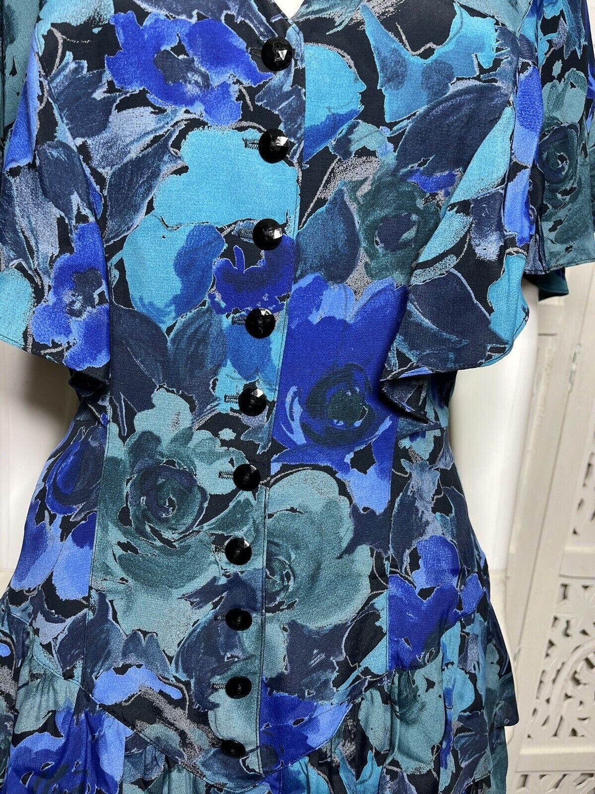 Vintage Barbara Barbara Women’s Floral Blue Ruffle Secretary Dress Size 8