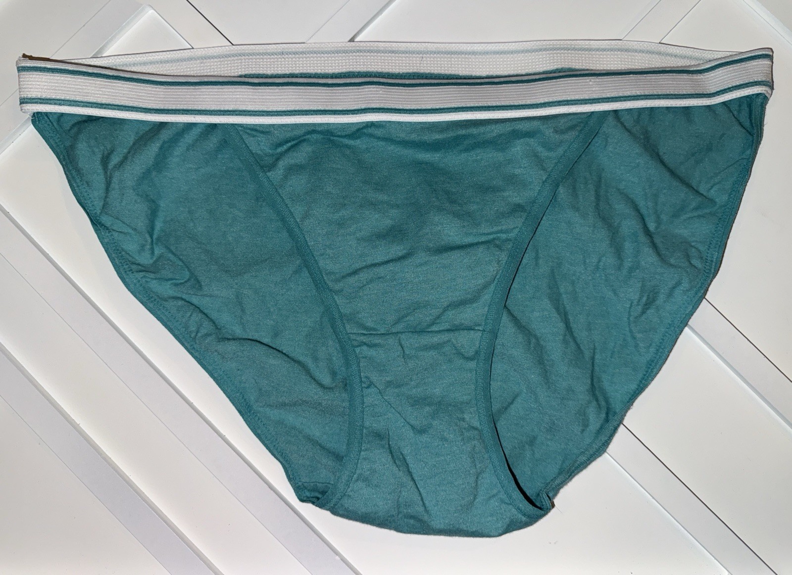 Vintage Secret Treasures String Bikini Panties XL 8 Aqua Blue Stretch High Hip