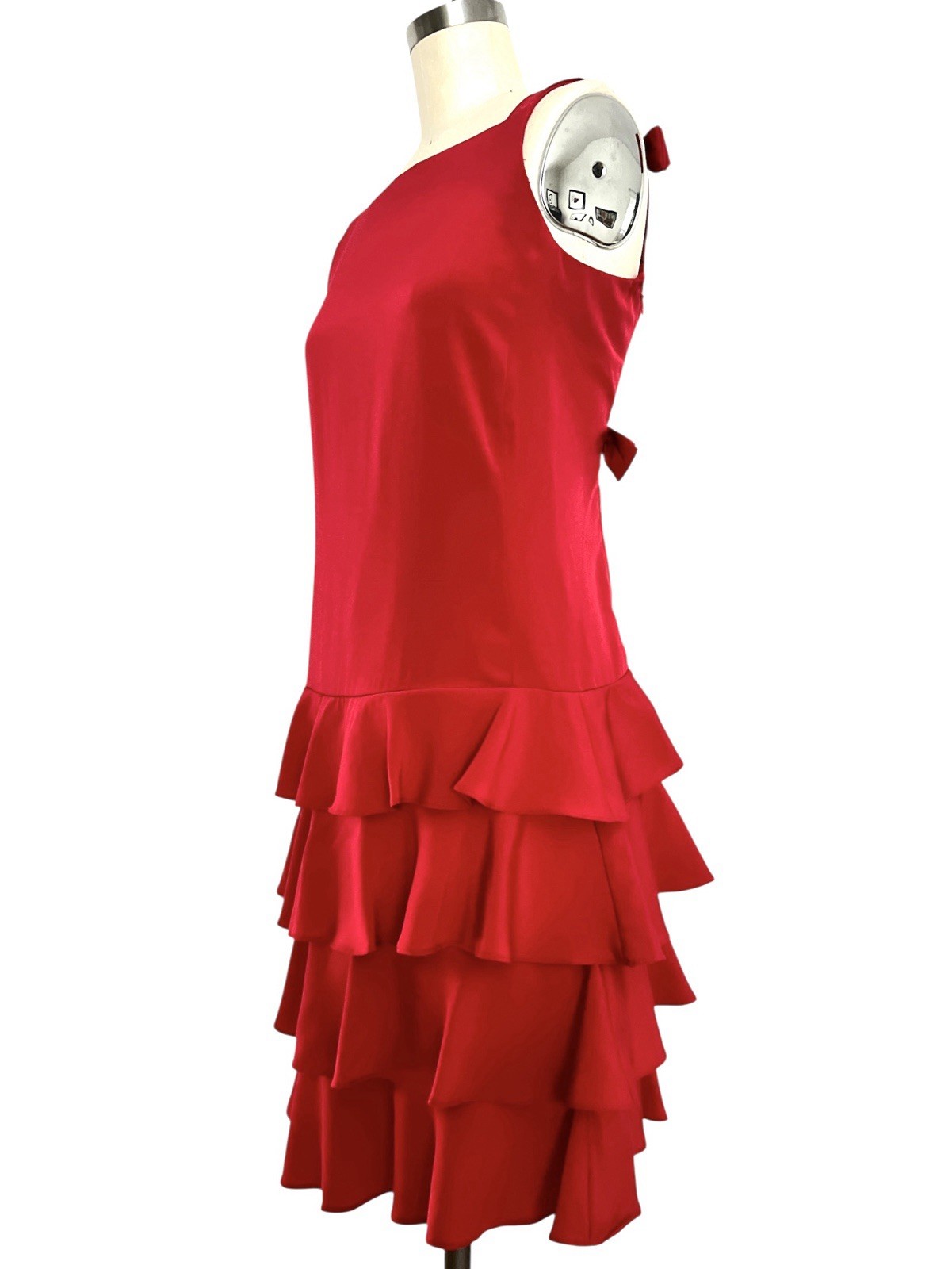 VTG Martin Ross 80s/90s Sz 4 XS/S Red Coquette Shift Dress Ruffle Bows Open Back
