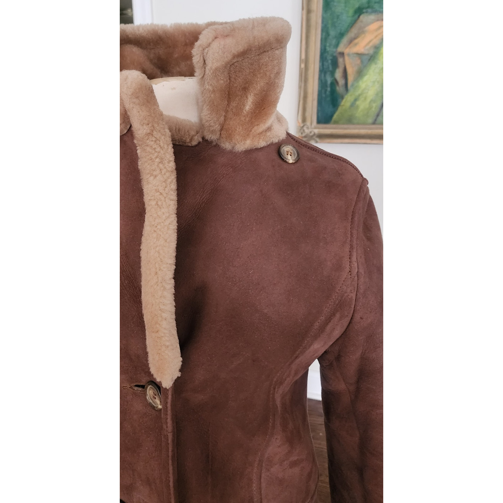 Vintage 1970s Shearling Coat Brown Suede Long Parka Double Breasted