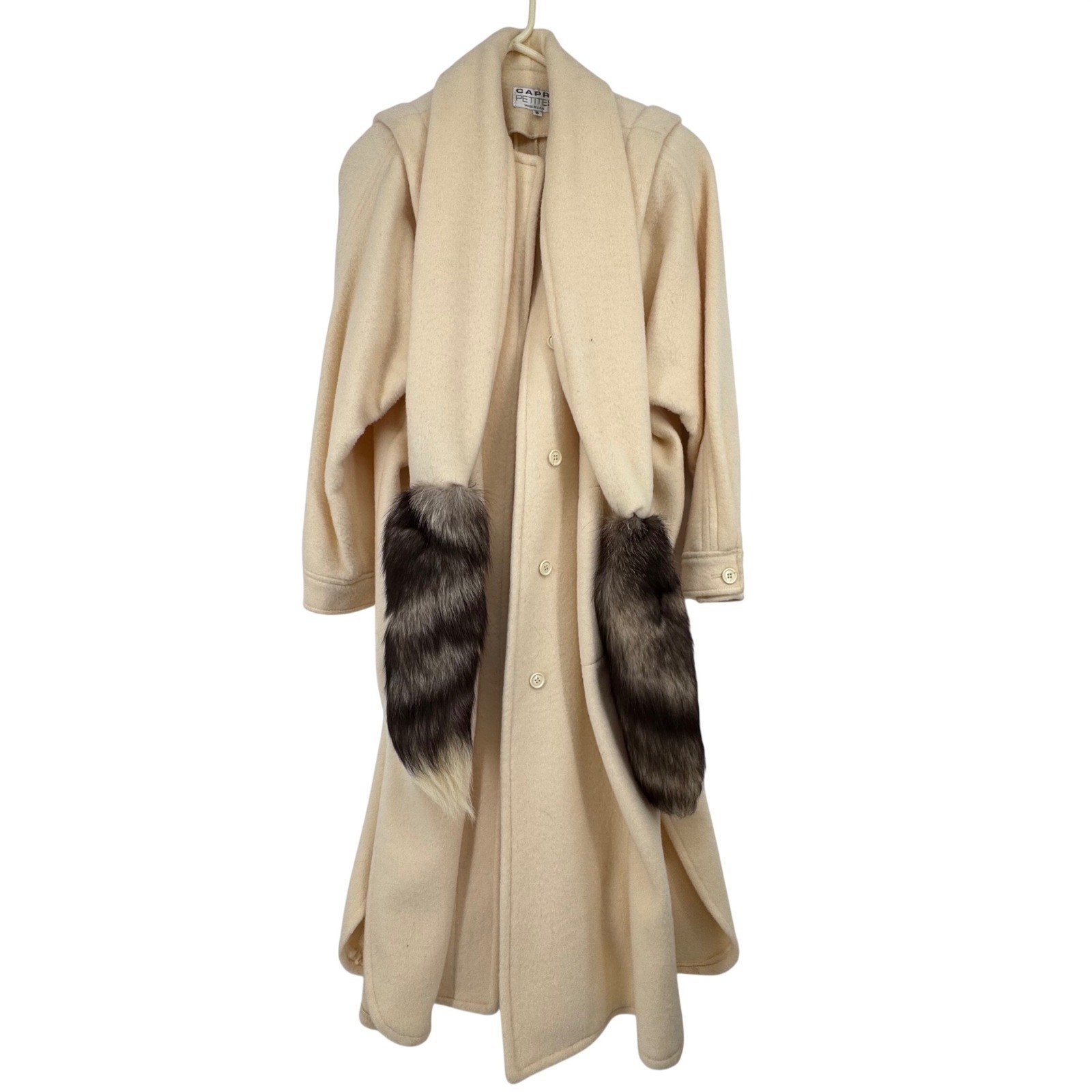 Capri Petites Vintage Pure Wool Long Coat Ivory with Real Fur Scarf Accent S