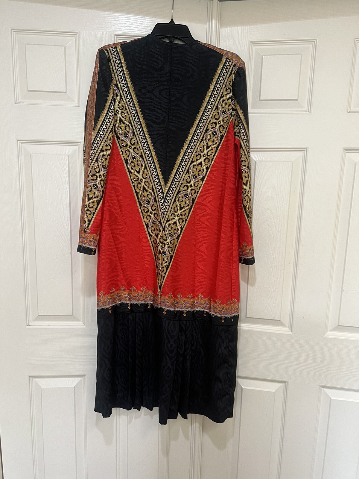 Vintage 80s Anthony Sicari Red Black Long Sleeves Scarf Dress 12 USA Made