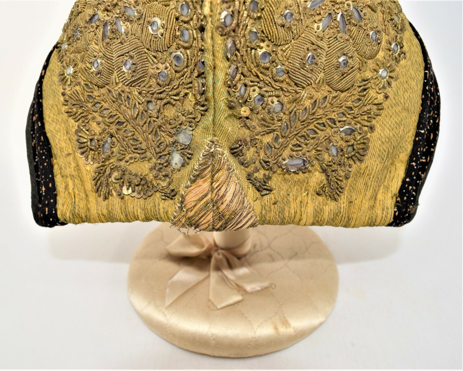 Antique 18th Century Beaded Woman’s Gold Hat Coif Hand Painted Trim European