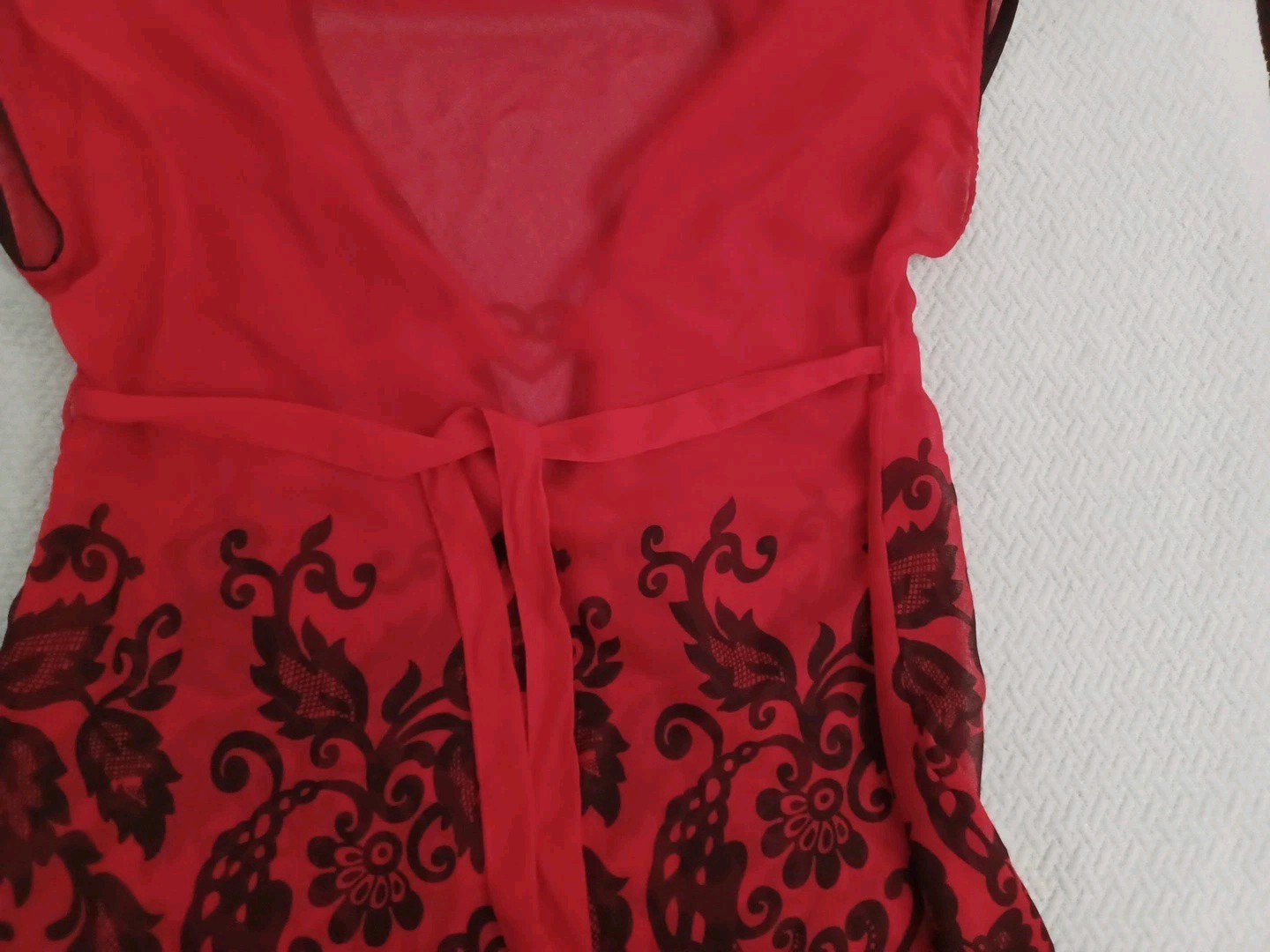 Vintage Deep V Y2K Sheer Red Babydoll Mini Dress Tunic Sz L Fairy Grunge Baroque