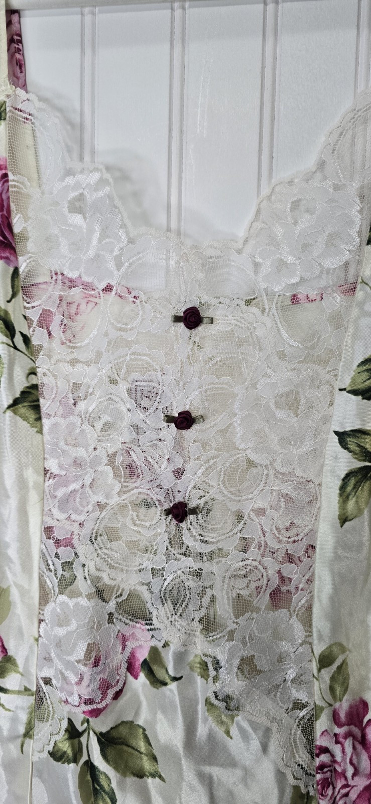 Vintage California Dynasty Satiny Floral Nightgown Lace Panel Side Split Size L