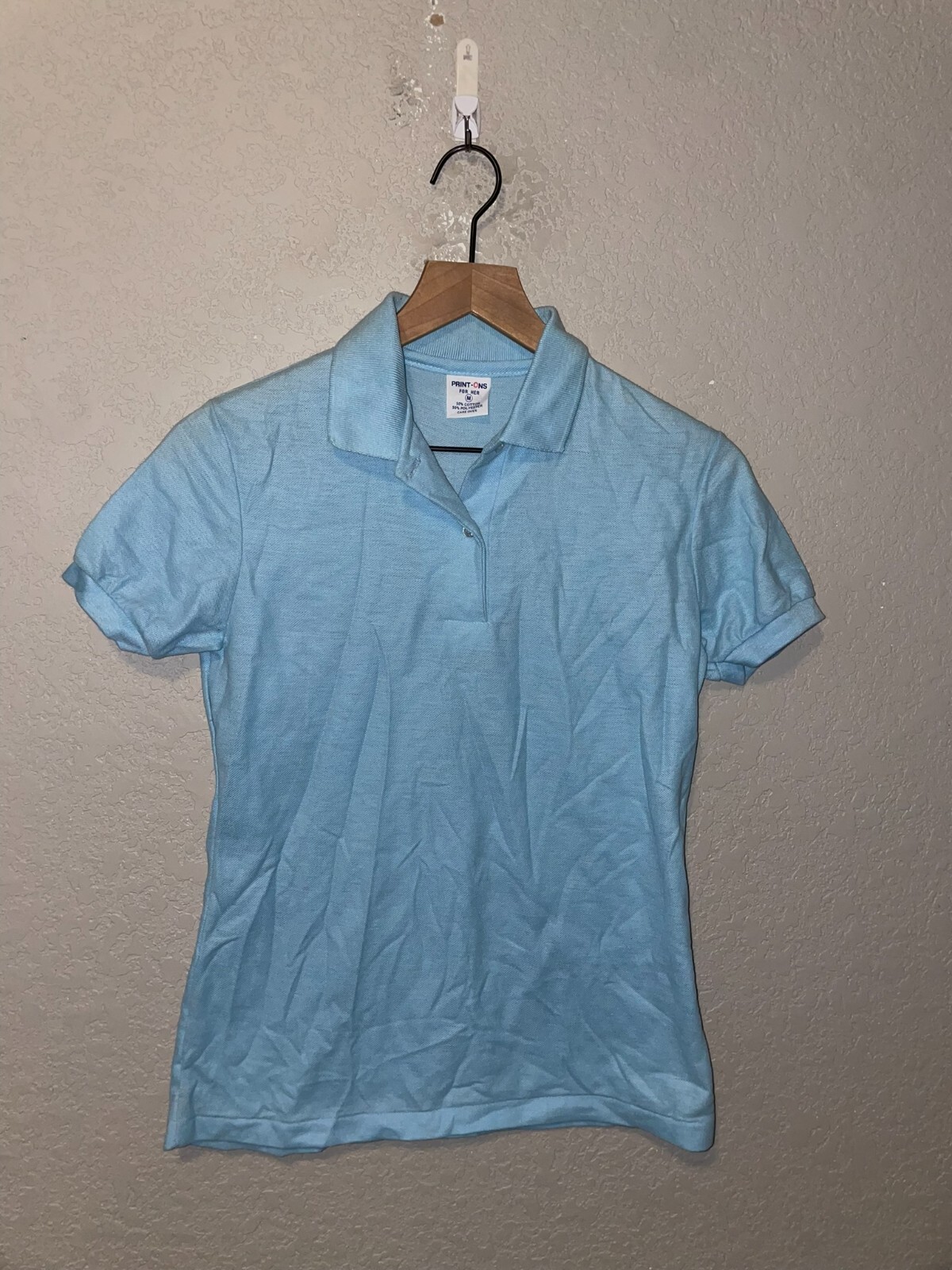 1970s 80s Vintage Women’s Print Ons Print-Ons Blue Polo Blank Shirt Top Women M