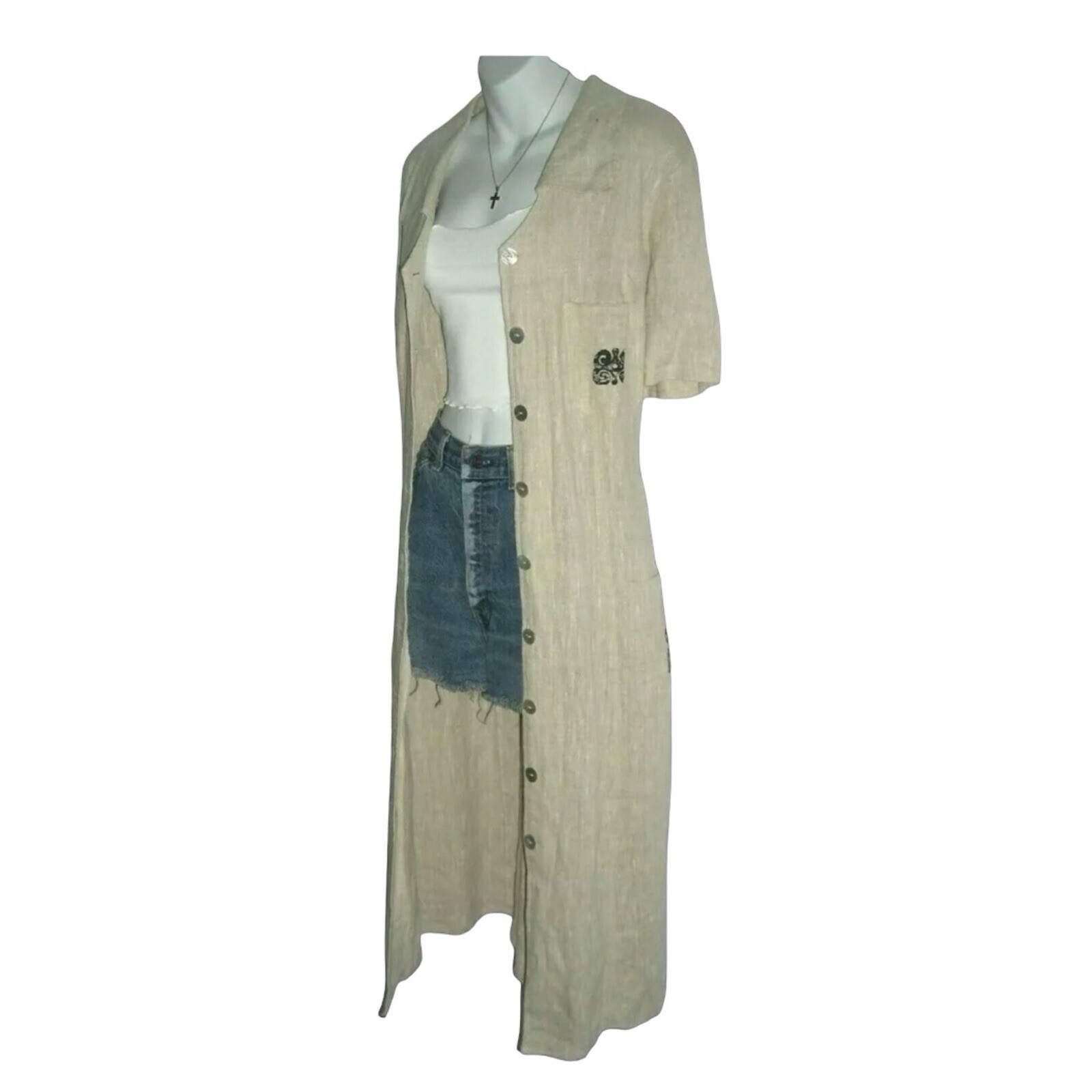Vintage 80’s Positive Influence Dress Linen Duster Tribal Boho Grandmother Plus