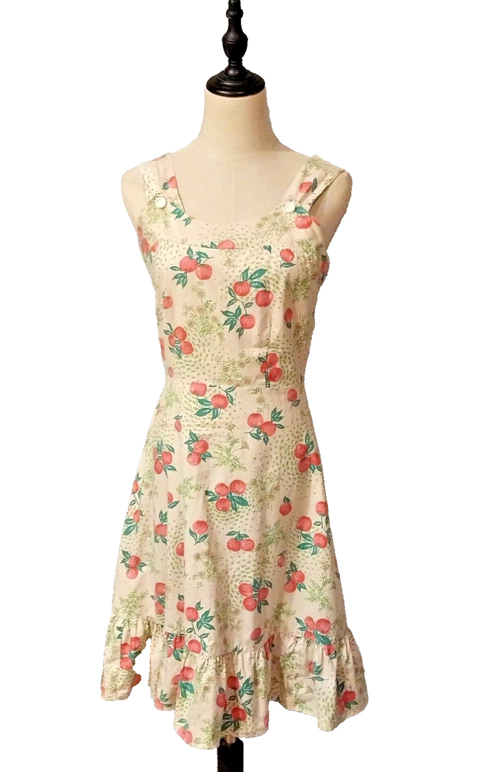 Vintage 1970’s Size 12 Cream Pink Green Apples Cotton Prairie Sundress Dress