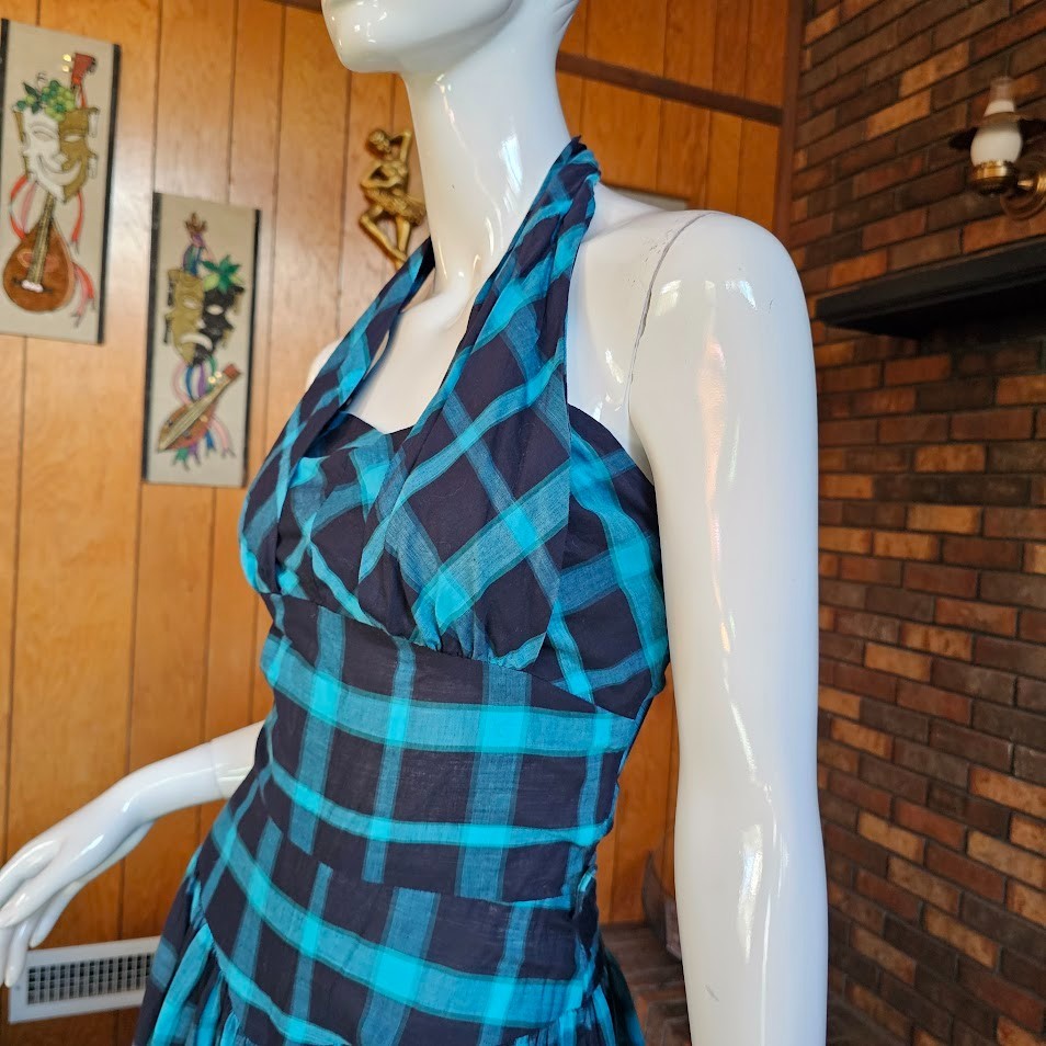 Vtg 1950s Shelf Bust Halter Windowpane Plaid Rockabilly Sundress Day Dress XS/S