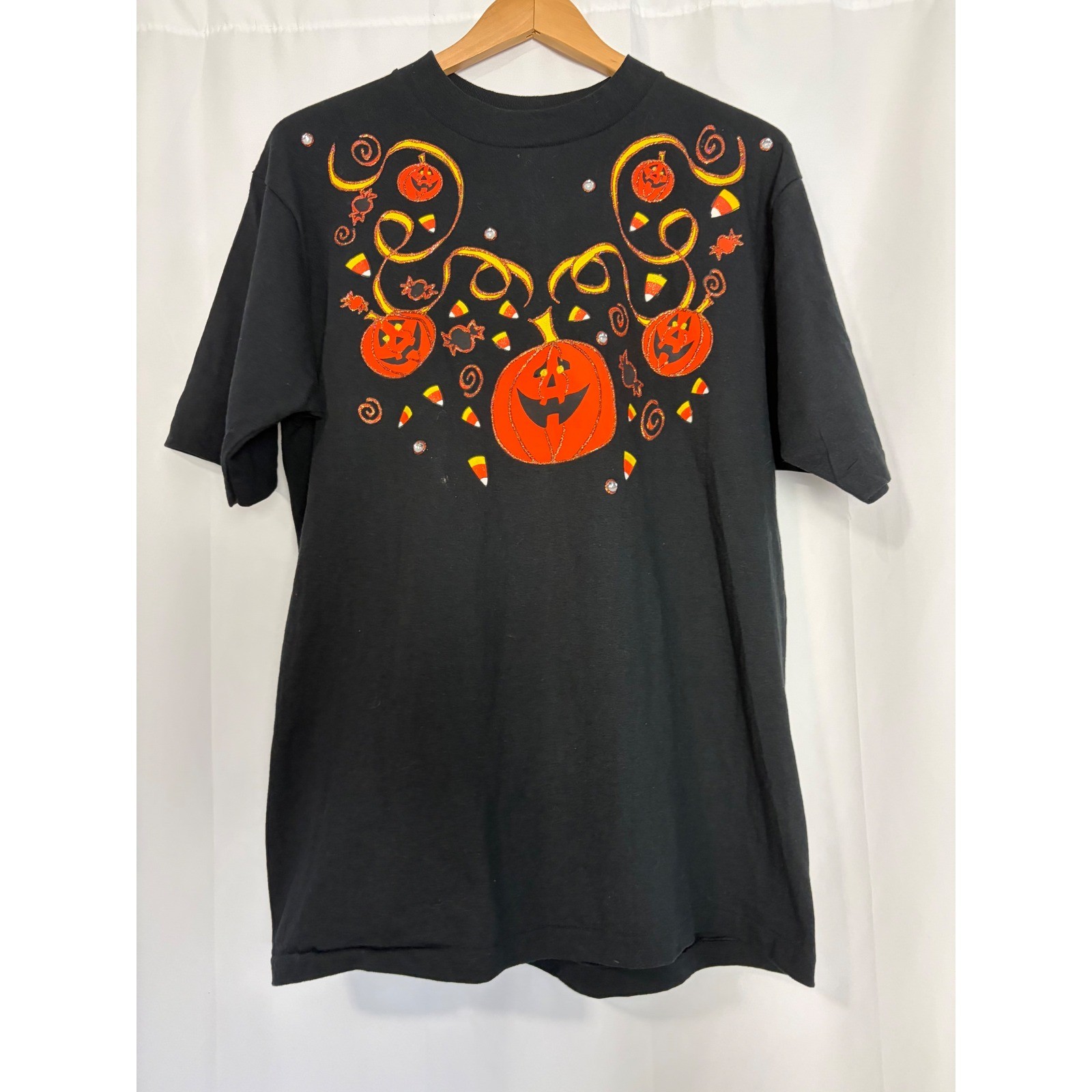 Vintage 90s Era Puffy Paint Halloween Pumpkin Candy Corn T-Shirt Black Large