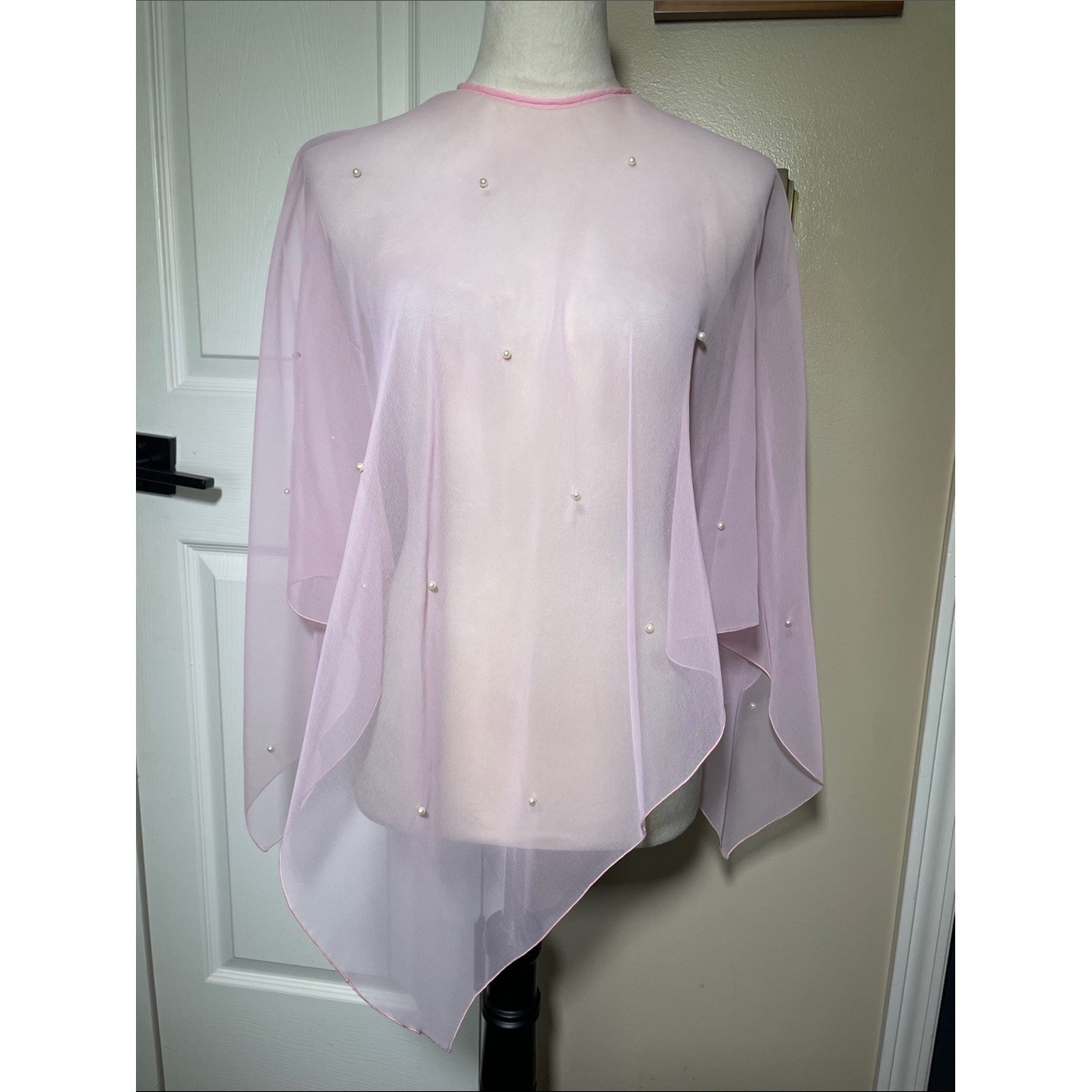 Vintage Pastel Pink Mesh Dress Topper with Pearls Cape Poncho Sheer Embellished