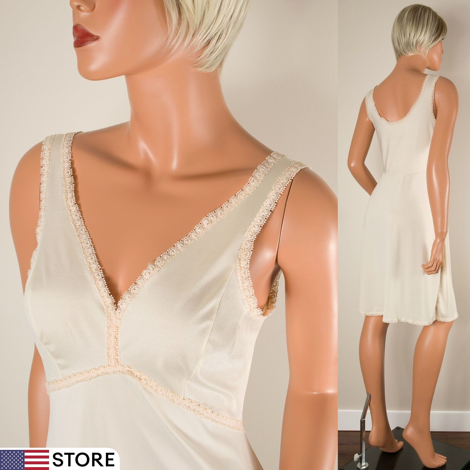 💖 Vintage WONDER MAID Non Cling Beige Full Slip Dress Beige Stretch Nylon 36