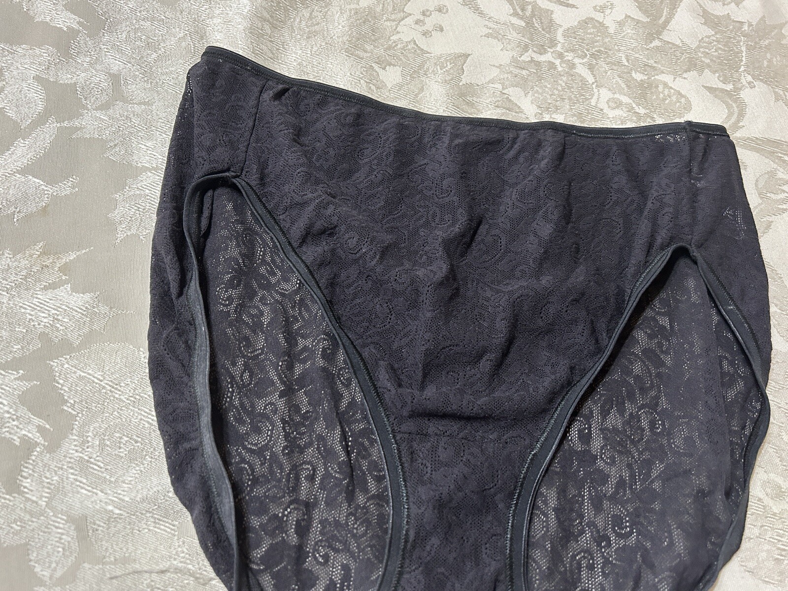 NWOT Vtg VANITY FAIR 13160 Floral Lace Hi-Leg Sz 9 Black Brief Panties #76