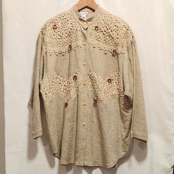 Lim’s Vintage Boho Crochet Lace Button Down One Size Wooden Ring Accents Shacket