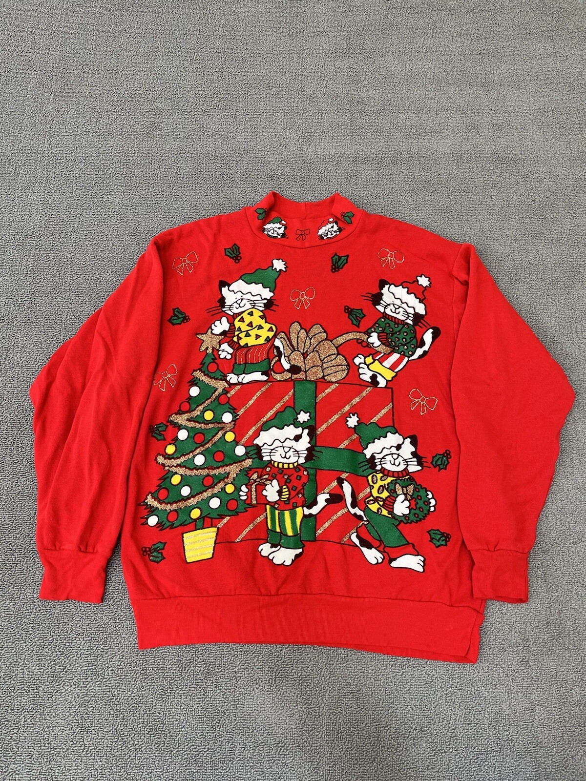 Vintage B.J Frog Red Christmas Kitty Cars Turtleneck Sweatshirt Size M Ugly Xmas