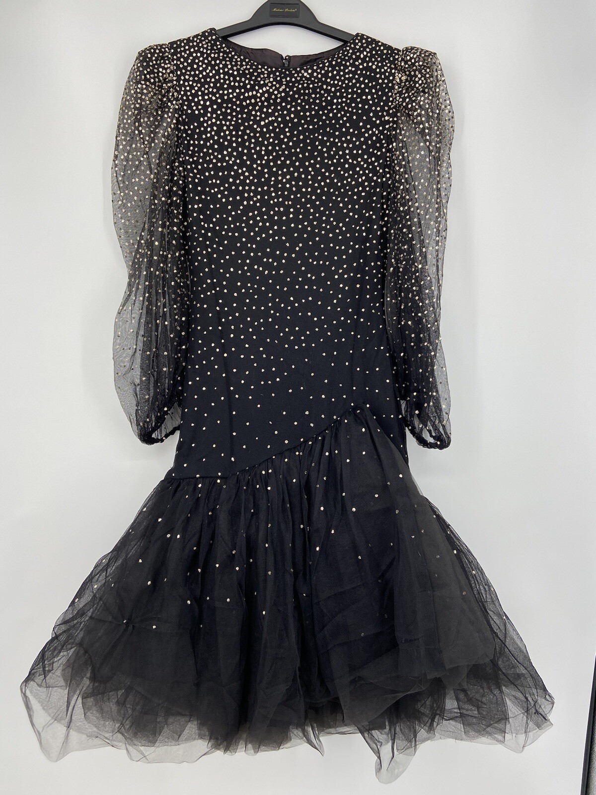 Vintage Travilla black Tulle & Gold sparkle Evening dress long sleeve size 10