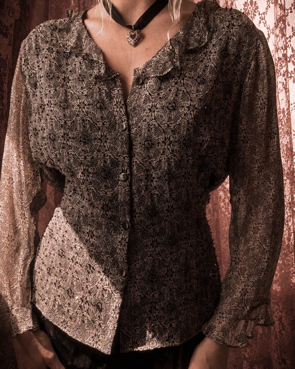 1990s black baroque silk blouse