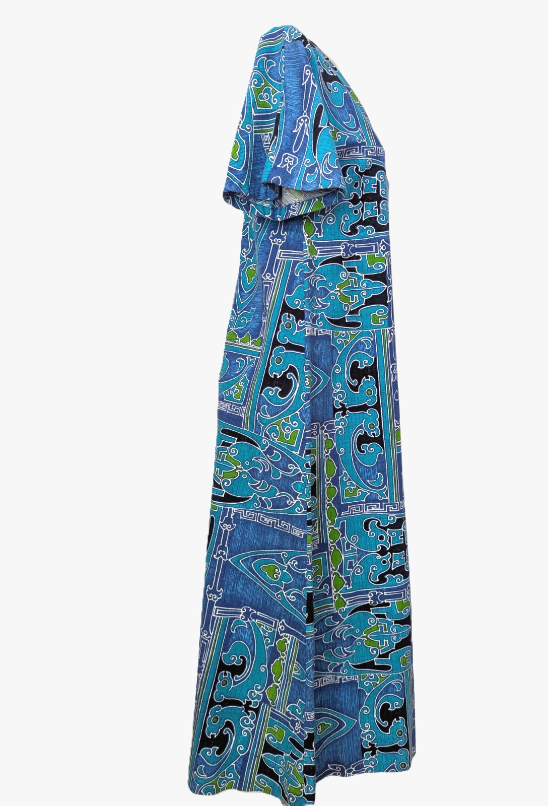 Vtg 70s Two Potato Tribal BARKCLOTH Angel Wing Boho Dress – Blues Greens MEDIUM