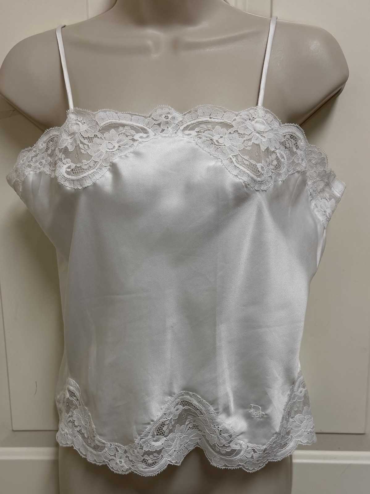 Vtg Christian Dior SZ S White Satin Lace Logo Camisole Union Made USA Flawless