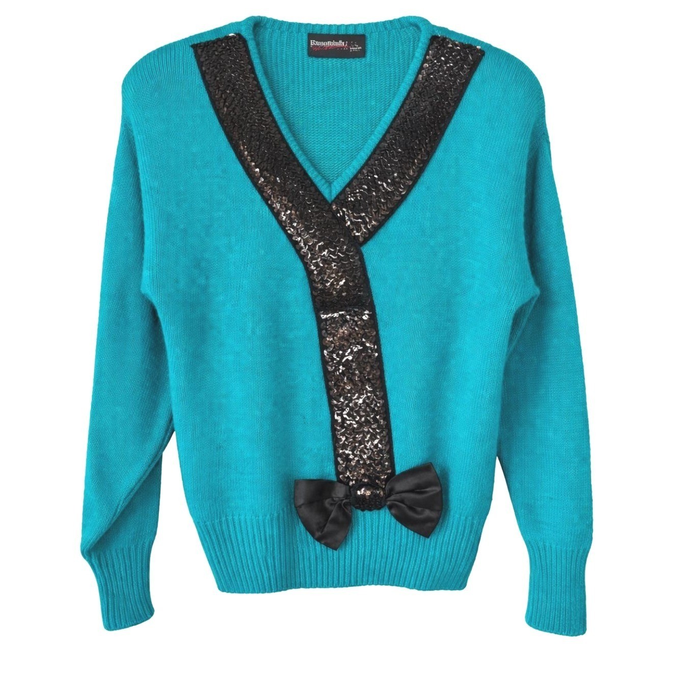 Beautifully Mine Vintage Silk Angora Sequin Bow Sweater Teal Turquoise Small