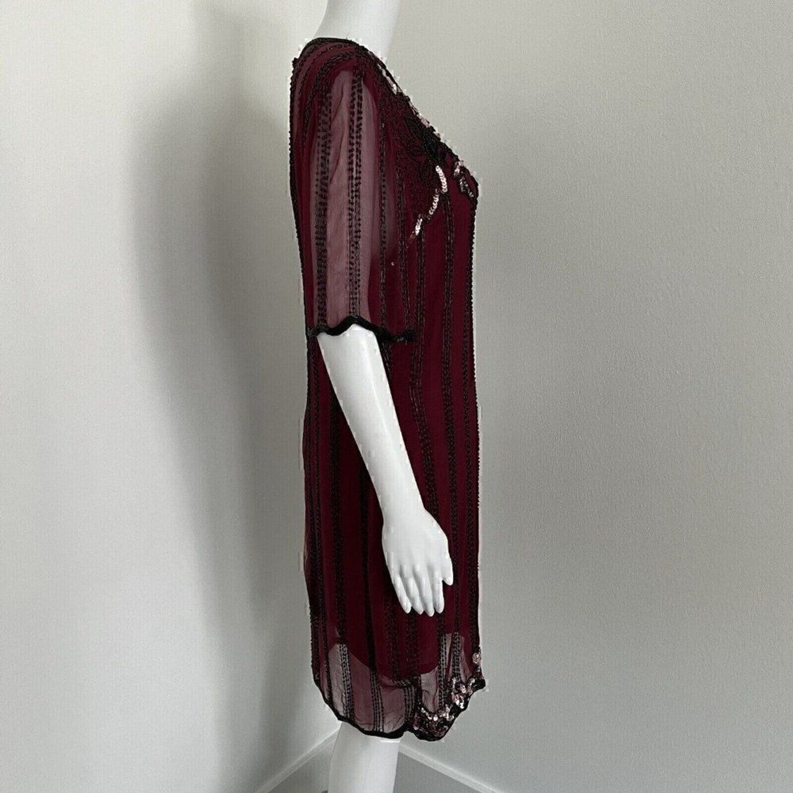 Vintage 90s Jennifer by KVM Party Dress Size M Cranberry Sequin Embroidered Silk