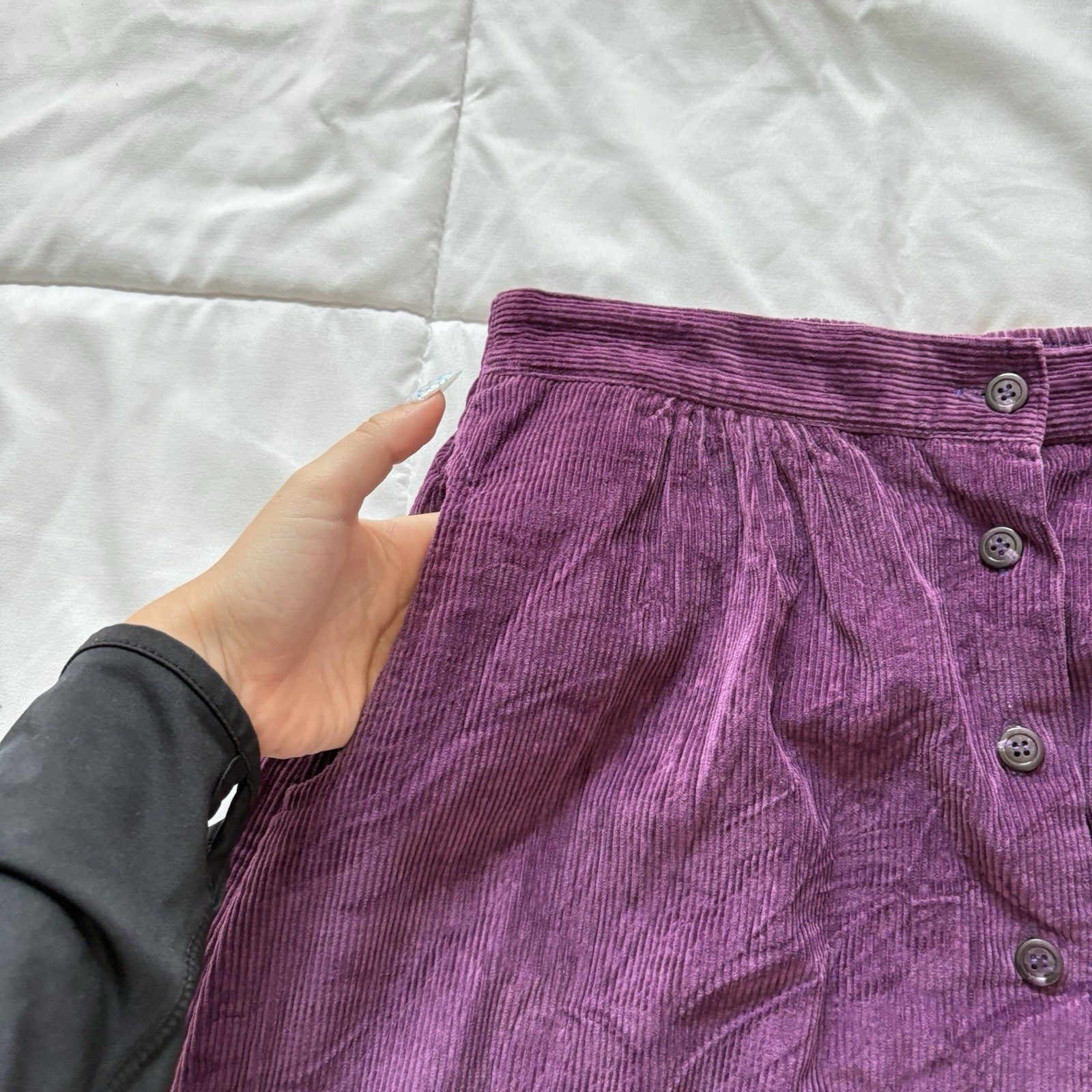 Vintage 80s Purple Corduroy Button Front Midi Skirt Womens 18 100% Cotton Retro