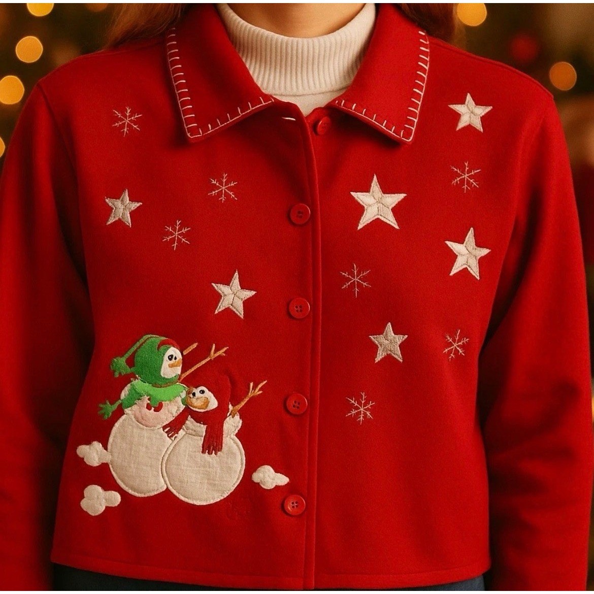 Vintage Red Wool Blend Snowman Christmas Jacket Granniecore Take Two Womens LG