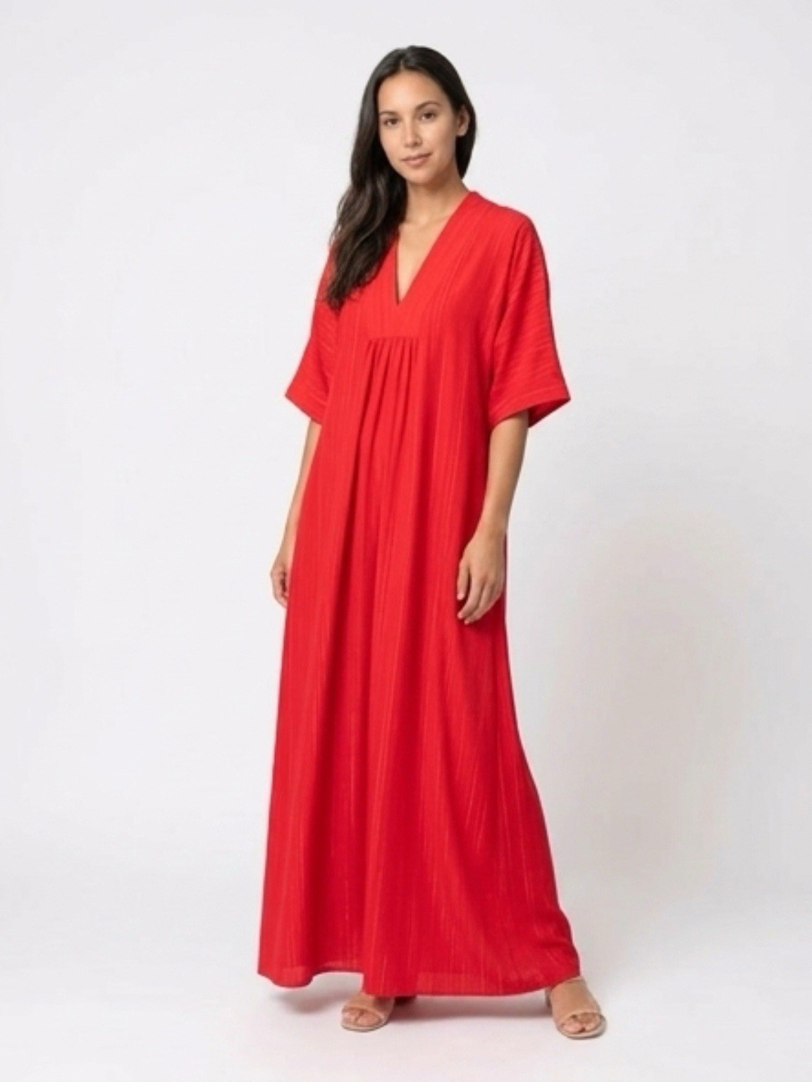 Vintage 70s Red APPEL Caftan Hostess Maxi Dress Ribbed Polyester Retro OSFM