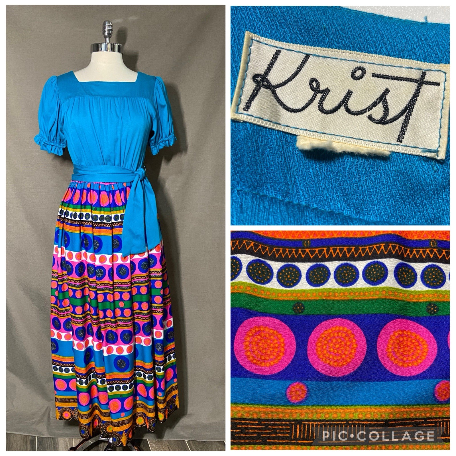 Vintage 1970’s Krist Gudnason Boho Dress Psychedelic Print Barkcloth Size 4/6
