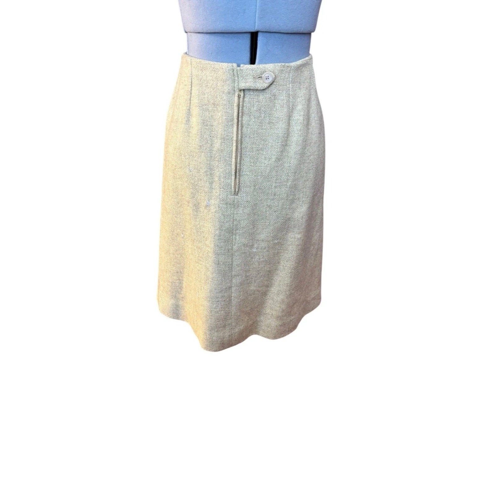 Vintage 1960s Tweed Wool Skirt Size 8 Beige Pencil Midi Mended Moth Holes