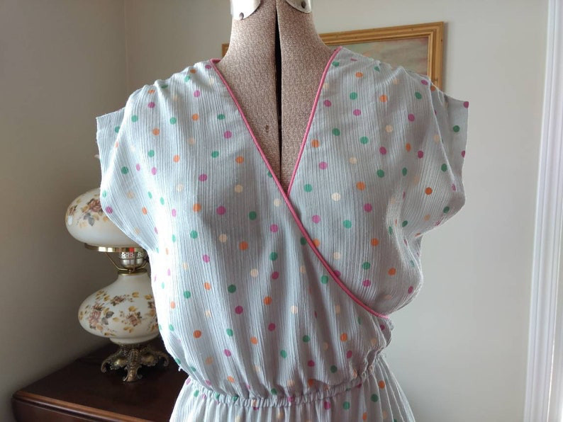 Vintage 80s Polka Dot Dress Gray Pink Green Orange White Crossover Bust