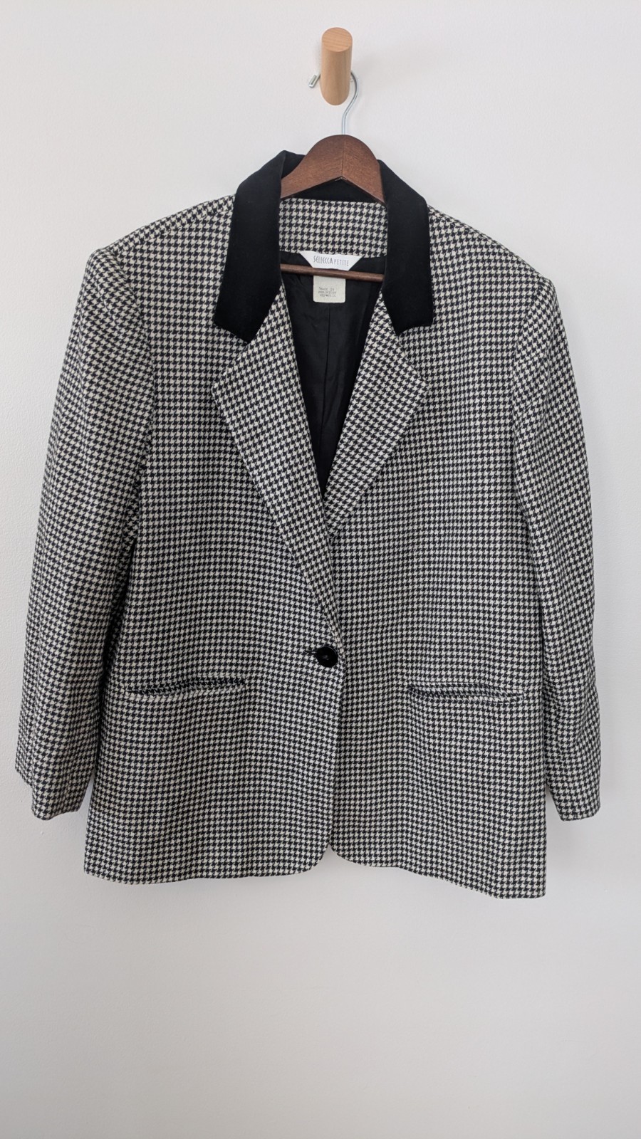 Vintage Womens Wool Blend Blazer 14P Houndstooth Velvet Collar Old Money Preppy