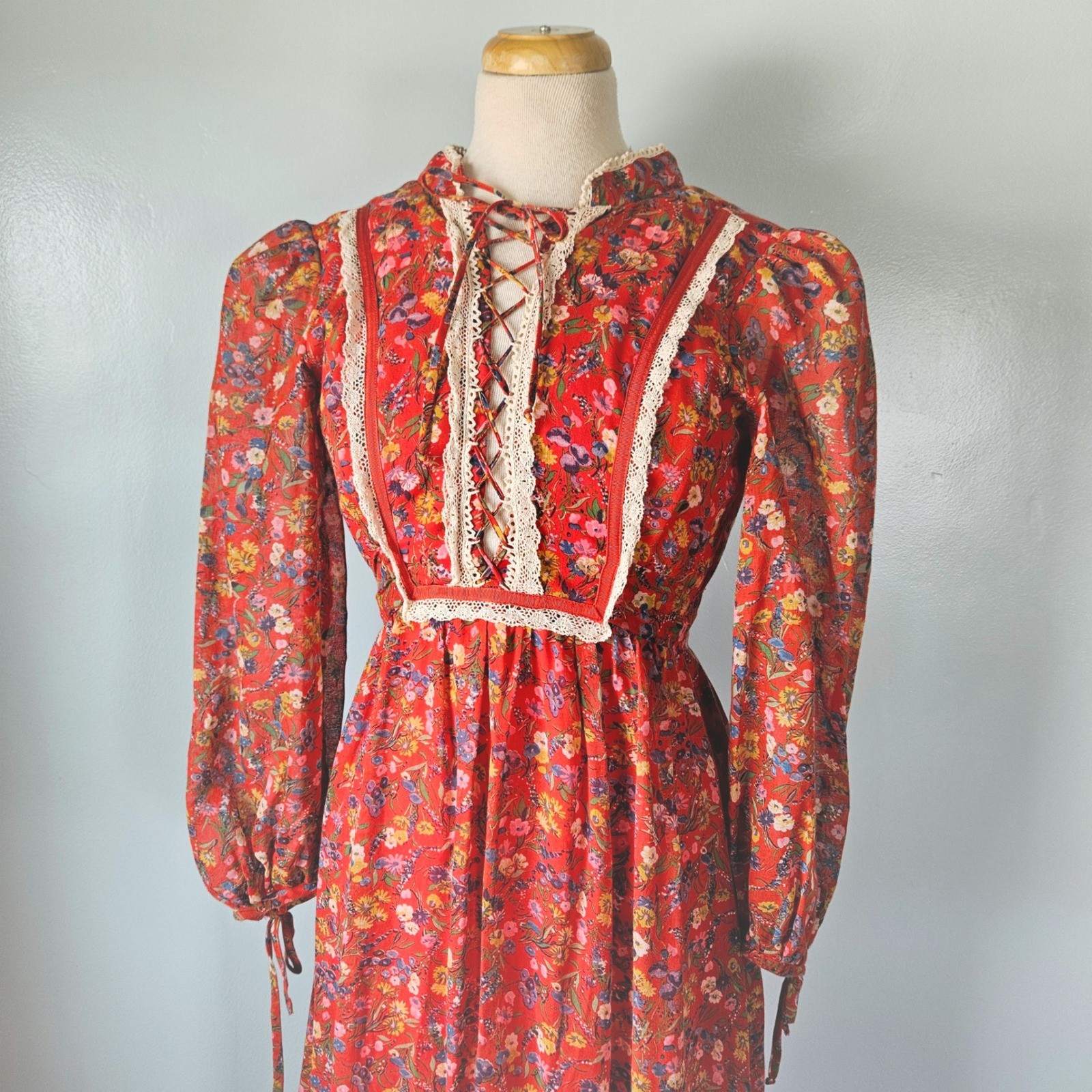 Vintage Candi Jones California Red Floral Prairie Maxi Dress Lace Up Boho 70s 5