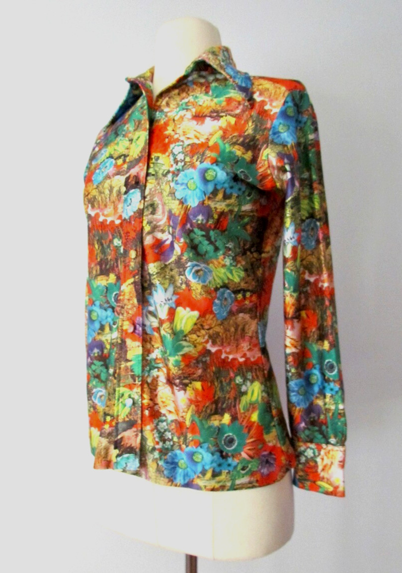 Rare Vintage 1970s Lanvin Paris Shirt Top Blouse Floral Button 10