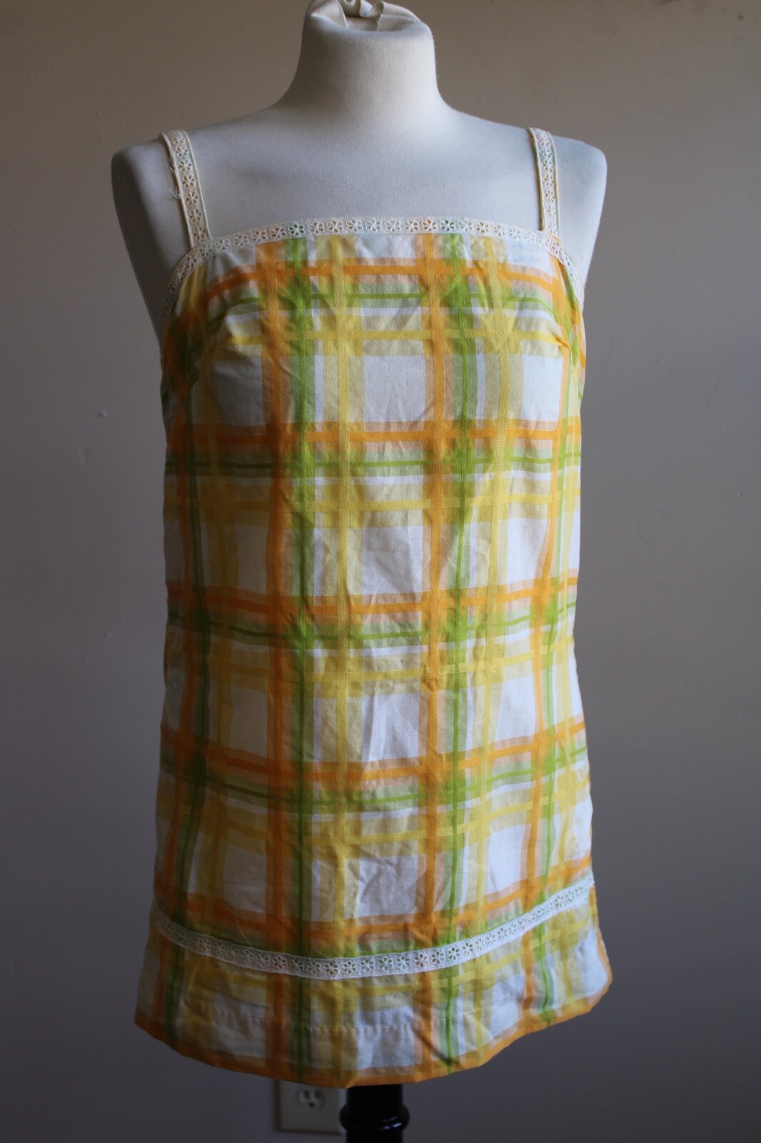 Vtg 50s Sea Lure California L Yellow Green Plaid Check Tank Top Cover Up
